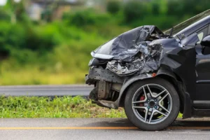 Front-end damage on a black car involved in a collision, parked on the roadside with greenery in the background.