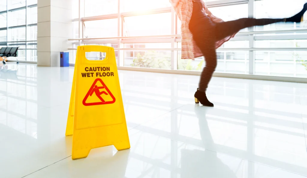 Person slipping on a wet floor near a caution sign in a bright indoor public space with large windows.