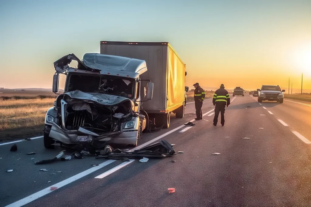 Semi-truck with severe front-end damage on a highway at sunrise while two officers investigate the accident scene.
