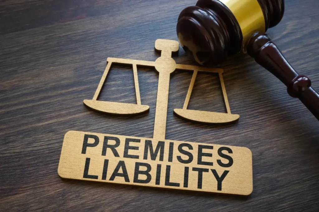 Wooden gavel and justice scale beside a sign that reads "Premises Liability" on a dark wooden surface.