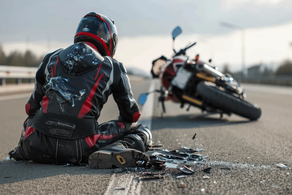 Injured motorcyclist in full gear sitting on the road beside a crashed motorcycle, surrounded by debris, after an accident on an empty highway.